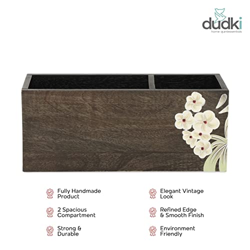 dudki 2 Compartment Floral Design Wooden Desk organizer caddy For Multipurpose stationary Storage Pen Stand Accessories With 2 Slots, Wooden, Classy looking dining table décor - Image 4