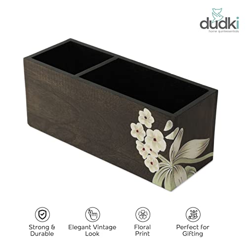 dudki 2 Compartment Floral Design Wooden Desk organizer caddy For Multipurpose stationary Storage Pen Stand Accessories With 2 Slots, Wooden, Classy looking dining table décor - Image 2