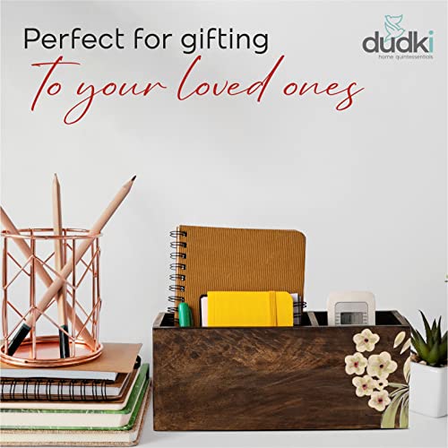 dudki 2 Compartment Floral Design Wooden Desk organizer caddy For Multipurpose stationary Storage Pen Stand Accessories With 2 Slots, Wooden, Classy looking dining table décor - Image 5