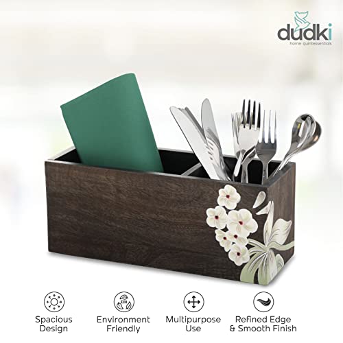 dudki 2 Compartment Floral Design Wooden Desk organizer caddy For Multipurpose stationary Storage Pen Stand Accessories With 2 Slots, Wooden, Classy looking dining table décor - Image 3
