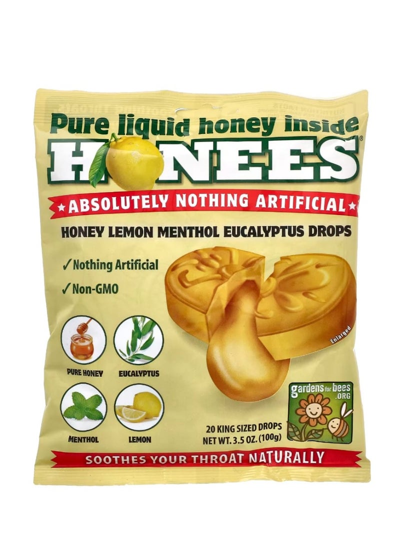 Honees Honey Lemon Menthol Eucalyptus Cough Drops 20 King Sized Drops 3.5 oz (100 g) - Image 1