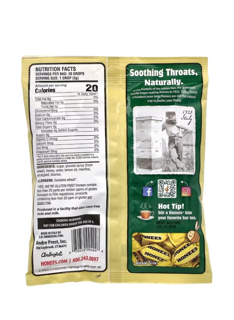 Honees Honey Lemon Menthol Eucalyptus Cough Drops 20 King Sized Drops 3.5 oz (100 g) - Image 2
