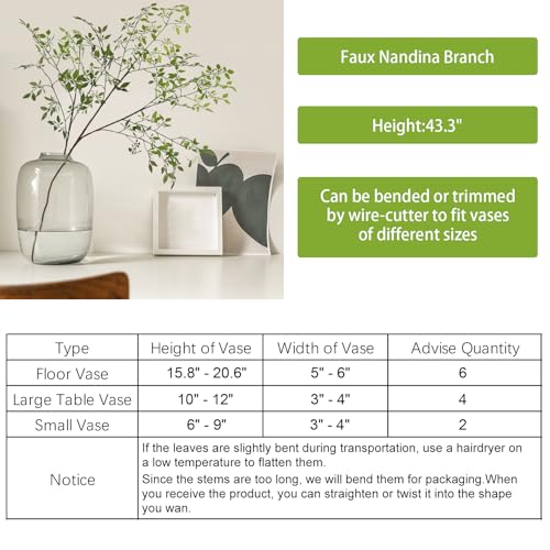 CEWOR 4pcs Artificial Plants Fake Greenery Branches for Vase, 43.3 Inch Green Nandina Long Steams for Tall Vase, Fake Plants Spring Stems for Wedding Garden Office Home Décor - Image 4
