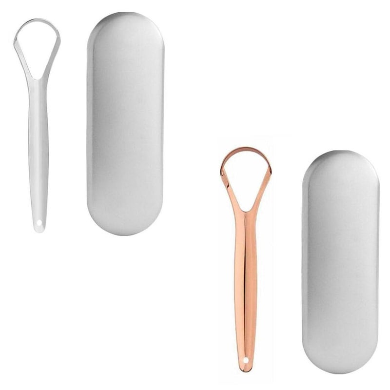 ZIBUYU® Stainless Steel Tongue Scraper 2 Pack (1 Silver + 1 Rose Gold) Wide Mouth Design for Deep Cleaning Comes in Metal Box Fresher Breath & Oral Hygiene - Image 1
