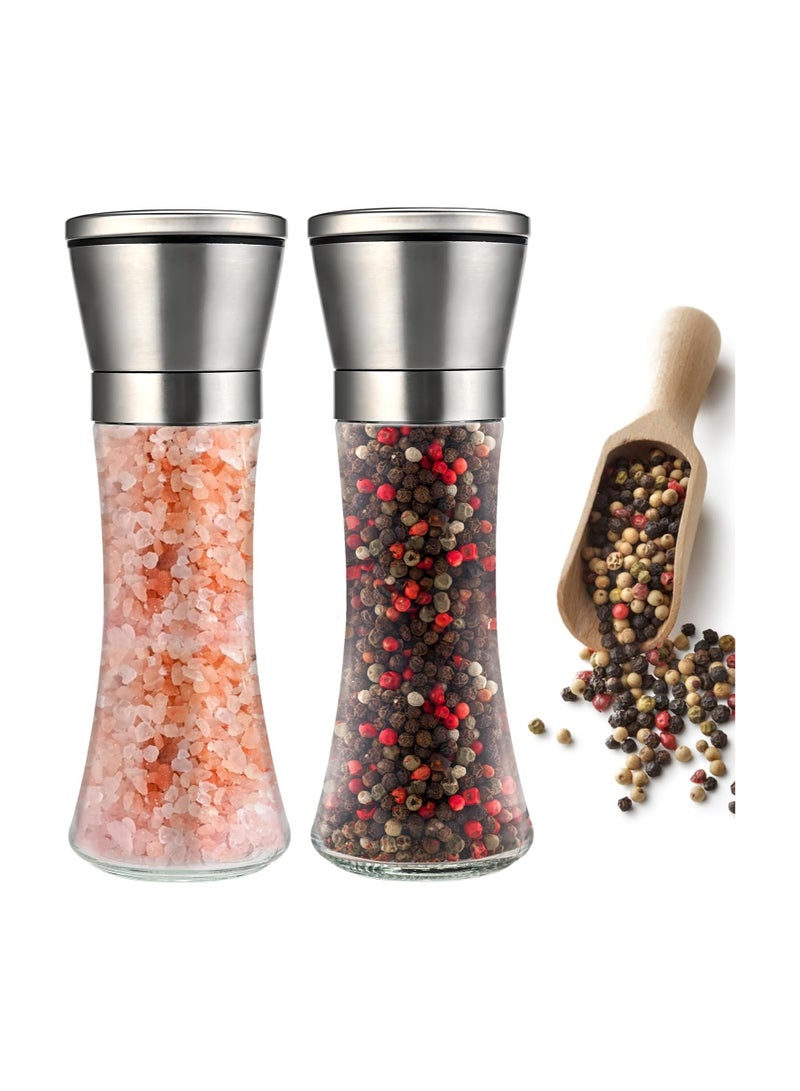 بلومنغ تايم مجموعة مطحنة الملح والفلفل، مطحنة سيراميك قابلة للتعديل من الفولاذ المقاوم للصدأ، مطاحن ملح وفلفل قابلة لإعادة التعبئة، عبوتان من الهزازات لملح البحر والفلفل الأسود والفلفل الحار - Image 1