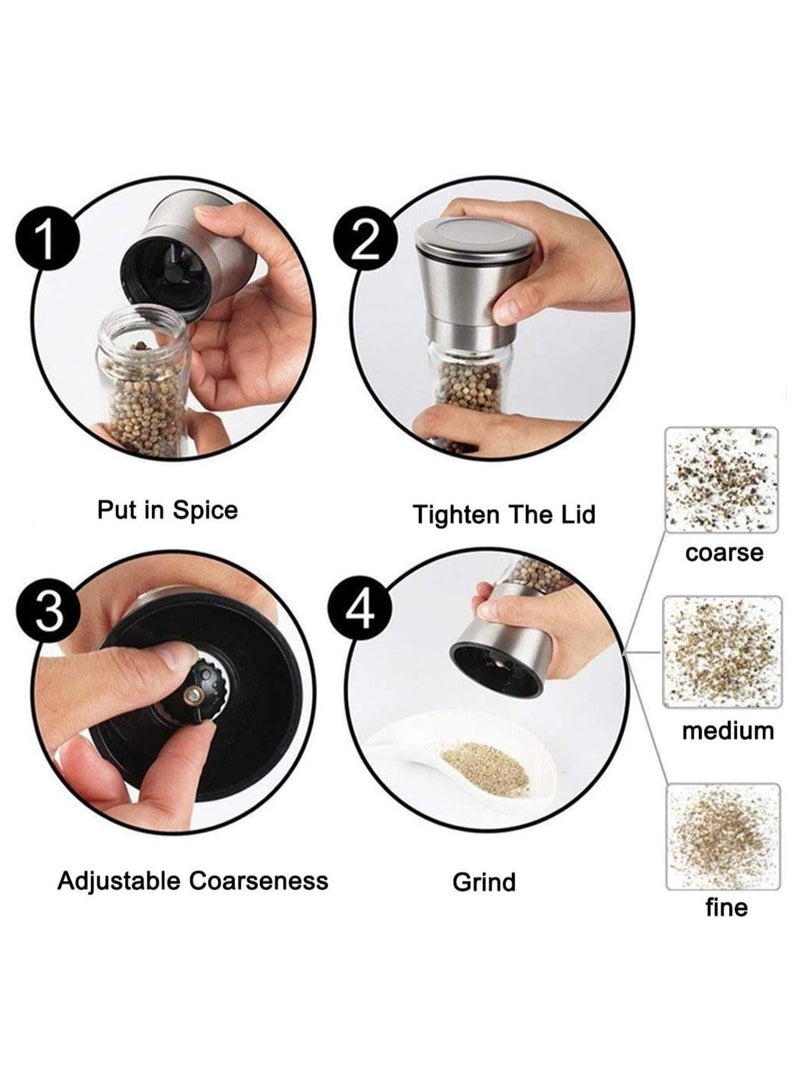 بلومنغ تايم مجموعة مطحنة الملح والفلفل، مطحنة سيراميك قابلة للتعديل من الفولاذ المقاوم للصدأ، مطاحن ملح وفلفل قابلة لإعادة التعبئة، عبوتان من الهزازات لملح البحر والفلفل الأسود والفلفل الحار - Image 4