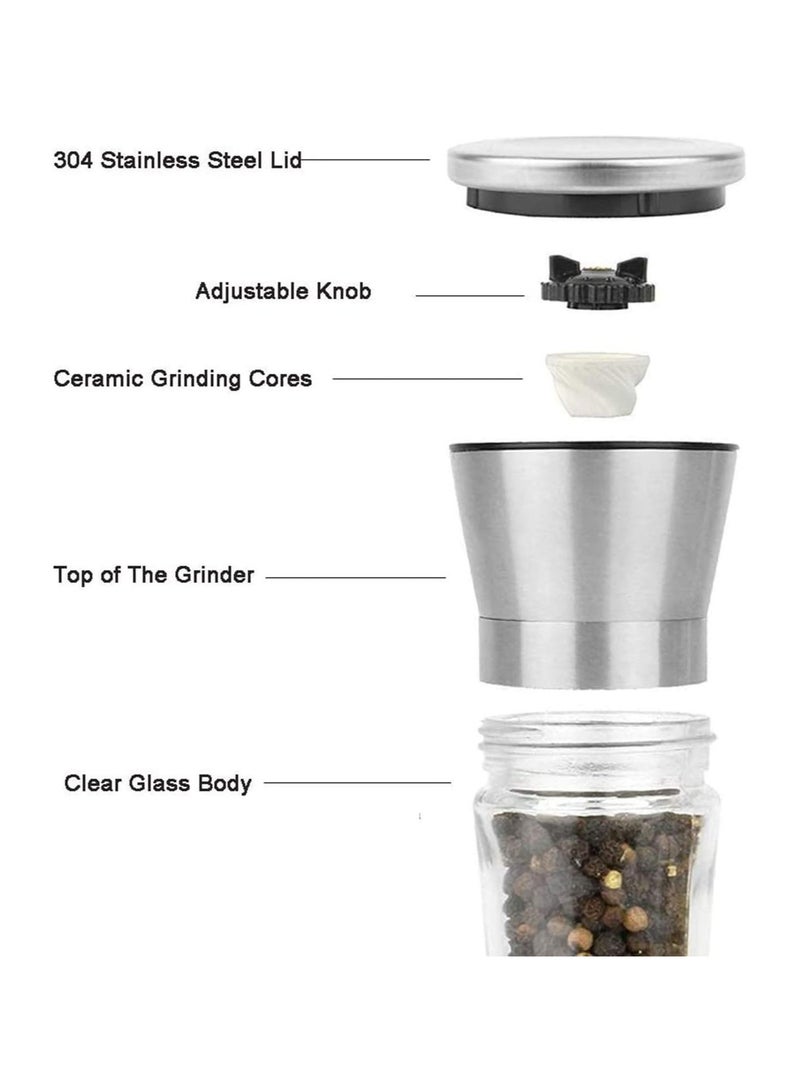 بلومنغ تايم مجموعة مطحنة الملح والفلفل، مطحنة سيراميك قابلة للتعديل من الفولاذ المقاوم للصدأ، مطاحن ملح وفلفل قابلة لإعادة التعبئة، عبوتان من الهزازات لملح البحر والفلفل الأسود والفلفل الحار - Image 3