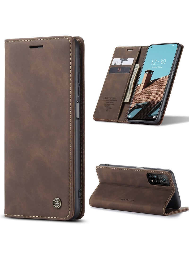 CaseMe Phone Case Luxury PU Leather Design 013 Flip Cover Card Slot Holder Cover For MI 10T/ MI 10T Pro (Coffe) - Image 1