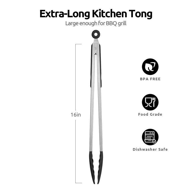 U-Taste 600ÂºF Heat Resistant Kitchen Tongs: U-Taste 16 inch Extra Long Large Silicone Cooking Tong with Sturdy Non Stick Rubber Tips & Non Slip Silicon Coated 18/8 Stainless Steel Handle for Grill BBQ (Black) - Image 2