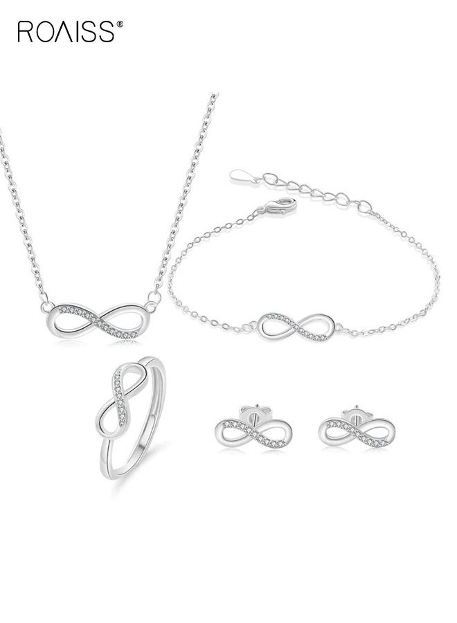 رويس طقم مجوهرات نسائي مطلي بالذهب عيار 18 قيراطًا على شكل رقم لانهائي وخاتم وأقراط وقلادة من الذهب الأبيض رمز الحب الخالد هدية زفاف بسيطة أنيقة كل يوم متألقة بطبقات - Image 1