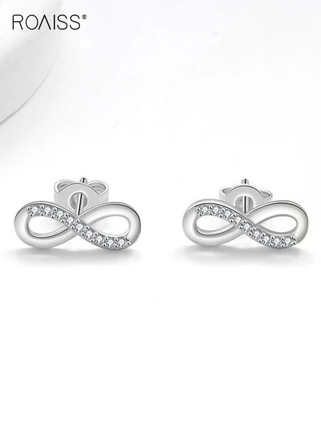 رويس طقم مجوهرات نسائي مطلي بالذهب عيار 18 قيراطًا على شكل رقم لانهائي وخاتم وأقراط وقلادة من الذهب الأبيض رمز الحب الخالد هدية زفاف بسيطة أنيقة كل يوم متألقة بطبقات - Image 5