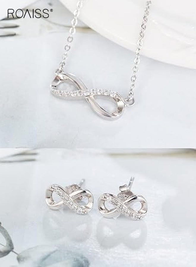 رويس طقم مجوهرات نسائي مطلي بالذهب عيار 18 قيراطًا على شكل رقم لانهائي وخاتم وأقراط وقلادة من الذهب الأبيض رمز الحب الخالد هدية زفاف بسيطة أنيقة كل يوم متألقة بطبقات - Image 2