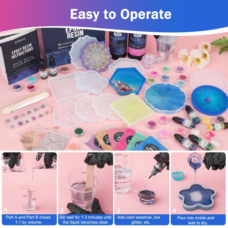 KISREL Epoxy Resin Kit for Beginners, 32oz Resin Kit with Coaster Molds, Complete Accessories Include Pigment, Mica Powders, Dried Flowers, Glitter, Measuring Cups and Other Resina Supplie - Image 5
