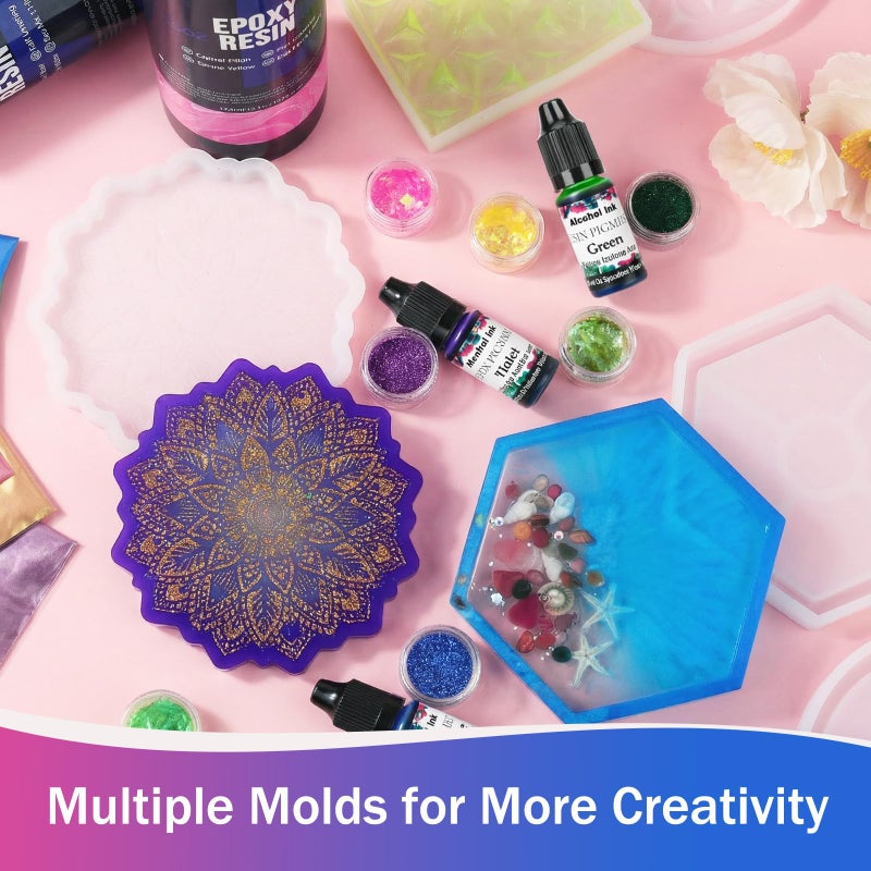 KISREL Epoxy Resin Kit for Beginners, 32oz Resin Kit with Coaster Molds, Complete Accessories Include Pigment, Mica Powders, Dried Flowers, Glitter, Measuring Cups and Other Resina Supplie - Image 3