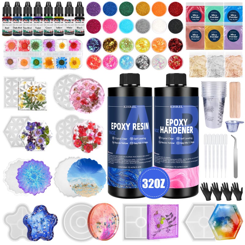KISREL Epoxy Resin Kit for Beginners, 32oz Resin Kit with Coaster Molds, Complete Accessories Include Pigment, Mica Powders, Dried Flowers, Glitter, Measuring Cups and Other Resina Supplie - Image 1