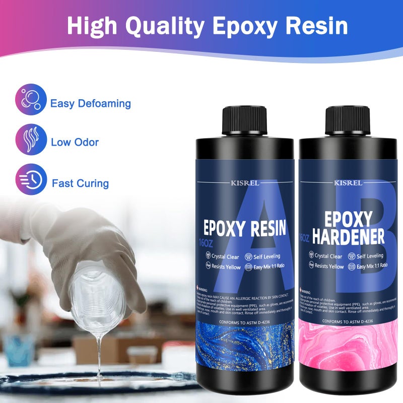KISREL Epoxy Resin Kit for Beginners, 32oz Resin Kit with Coaster Molds, Complete Accessories Include Pigment, Mica Powders, Dried Flowers, Glitter, Measuring Cups and Other Resina Supplie - Image 4