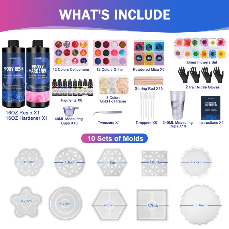 KISREL Epoxy Resin Kit for Beginners, 32oz Resin Kit with Coaster Molds, Complete Accessories Include Pigment, Mica Powders, Dried Flowers, Glitter, Measuring Cups and Other Resina Supplie - Image 2