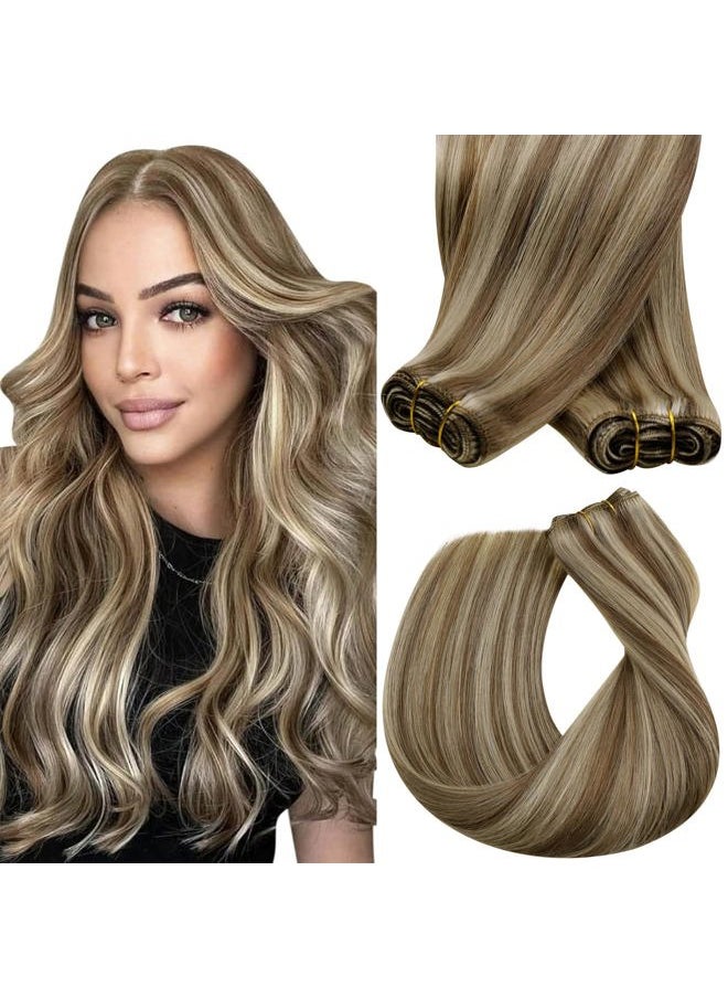 Sunny Hair Weft Hair Extensions Human Hair Highlights Sew in Hair Extensions Light Brown Mix Platinum Blonde Sew in Bundles Hair Extensions for Holiday Cheer Highlight Personality 100g 16inch  - Image 1
