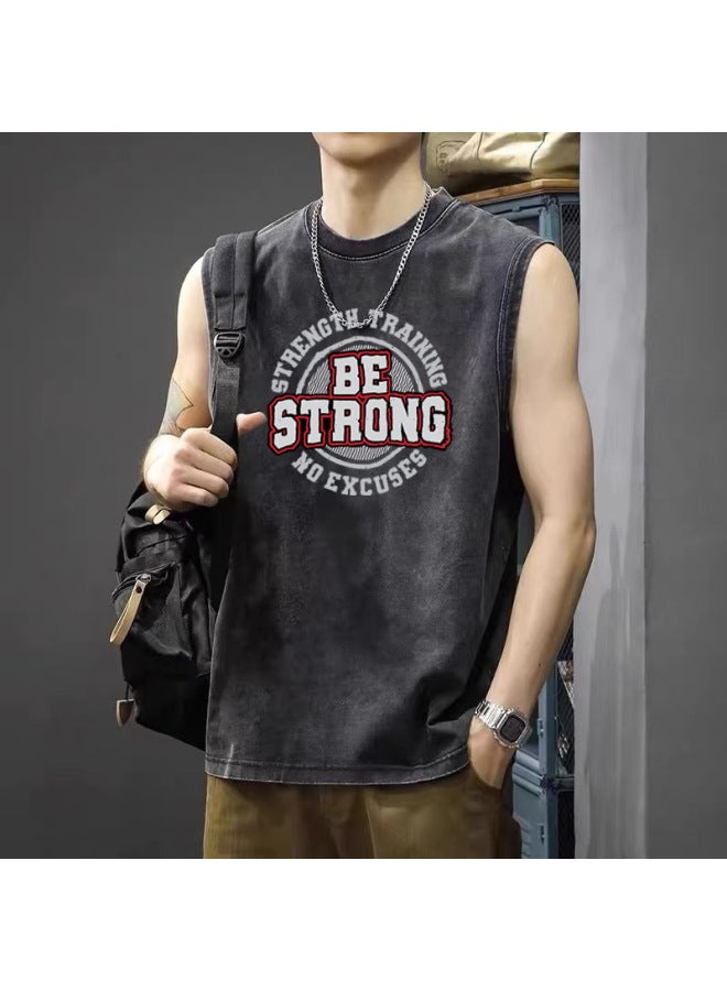 American High Street Retro Washed Distressed Sports Vest Trendy Brand Sleeveless T-shirt Loose Casual Fitness Short Sleeve