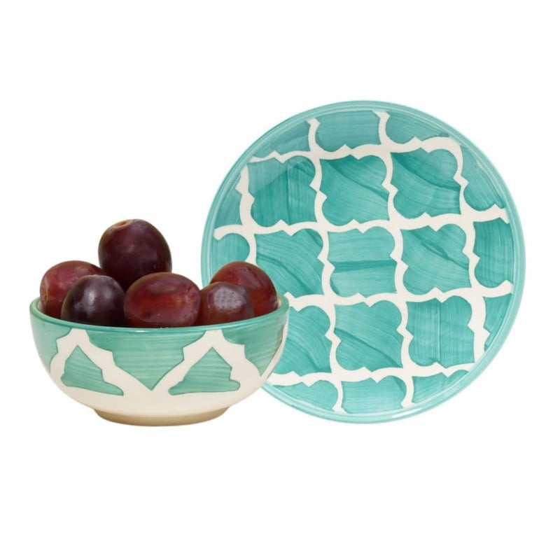 Sugalsu Indian Style Gift Set Ceramic Moroccan Platter Pack Handpainted Serving Plate with Serving Bowl Dinnerware Set 1 Bowl351 Plate7 Green