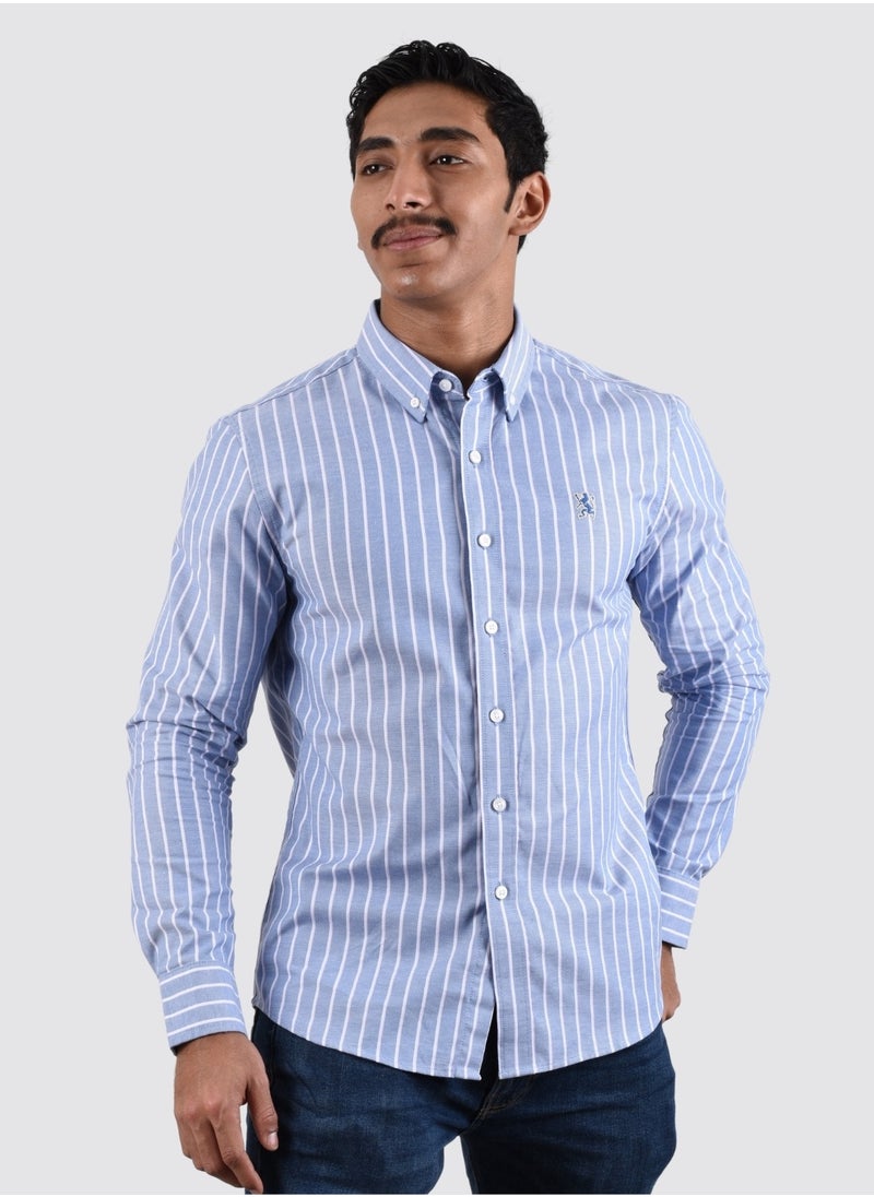 GIORDANO - Men's Lion Oxford Shirt - Blue White Stripe - Image 1