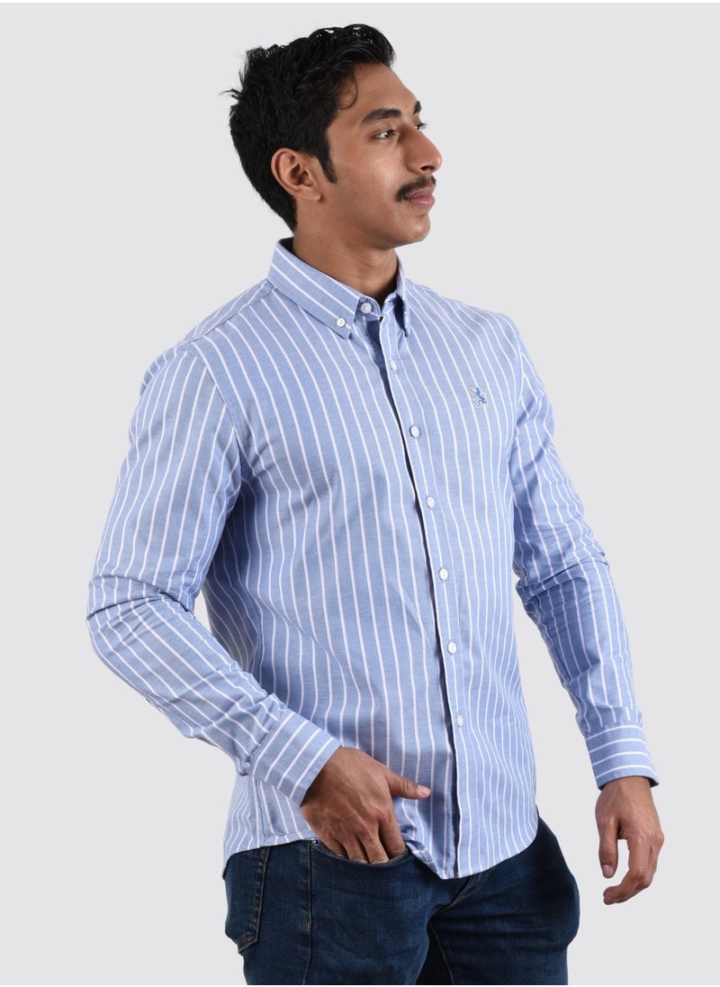 GIORDANO - Men's Lion Oxford Shirt - Blue White Stripe - Image 1