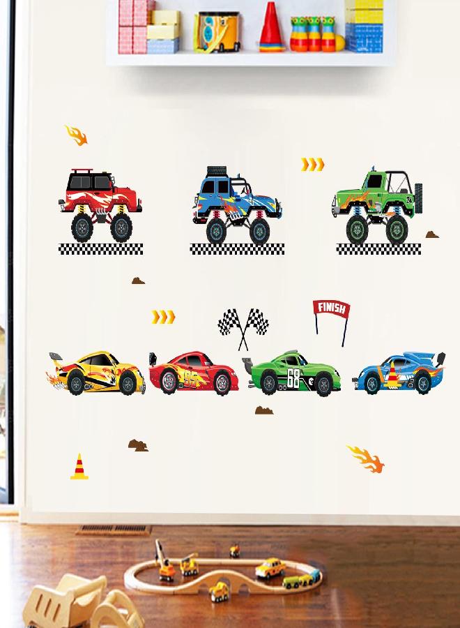 decalmile decalmile Racing Cars Wall Decals Roads Vehicles Wall Stickers Kids Boys Bedroom Toddles Playroom Wall Decor Gift - Image 1