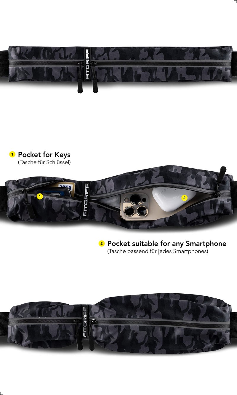 Fitgriff® Running Belt for Men & Women - Secure Jogging Pouch for Phone, Keys & Essentials - For All Cell Phones (Camo-Black, 24.5" - 35.5" Waist Size) - Image 2
