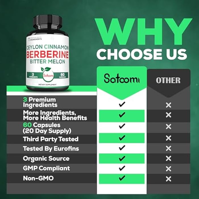 Satoomi Berberine Supplement with Organic Ceylon Cinnamon Bark & Bitter Melon - 3in1-60 Vegan Capsules - Image 4