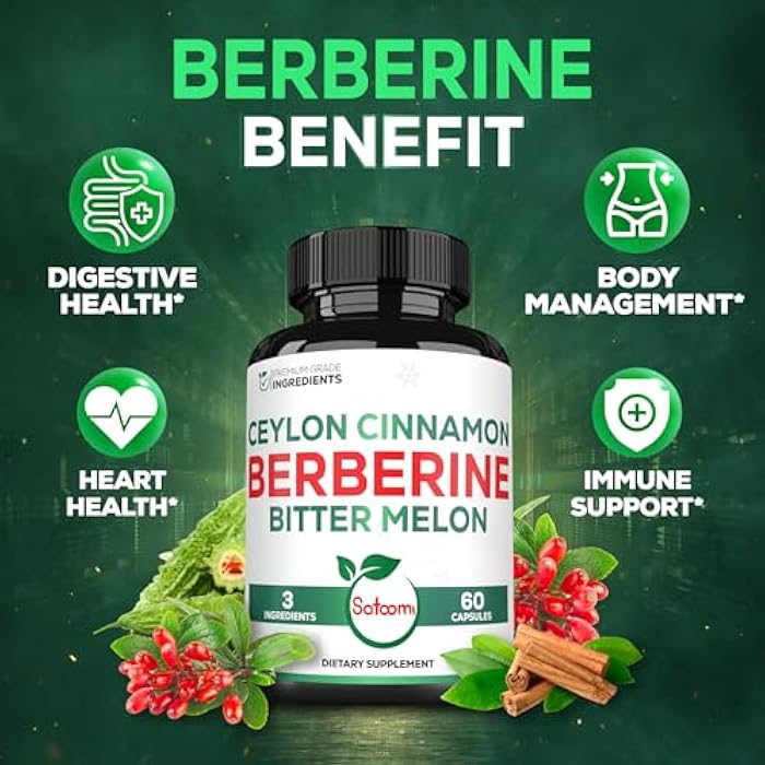 Satoomi Berberine Supplement with Organic Ceylon Cinnamon Bark & Bitter Melon - 3in1-60 Vegan Capsules - Image 5