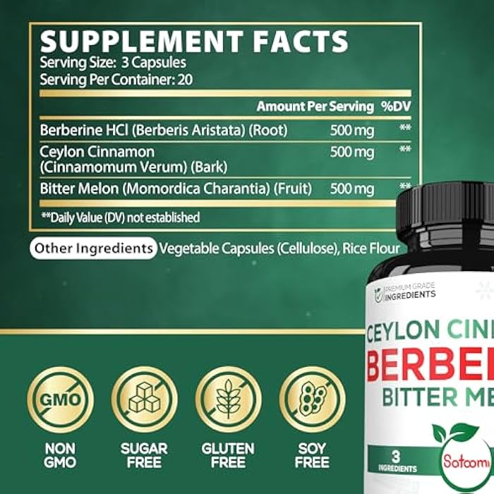 Satoomi Berberine Supplement with Organic Ceylon Cinnamon Bark & Bitter Melon - 3in1-60 Vegan Capsules - Image 2