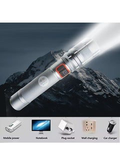 RENMAX RENMAX Bright Beam Focus Zoom Torch Rainproof Rechargeable 2000mAh Liion Battery Annodised Metal Body 1 Pc 15 CM Silver 800 Lumen 4Modes Zoom Removable Battery  - Image 3