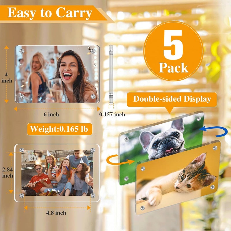 eWonLife 5-Pack Acrylic Fridge Magnet Frames, 4 x 6 Inches Picture Frame for Refrigerator, Clear Two Side Frameless Photo Display for Home Decor - Image 2
