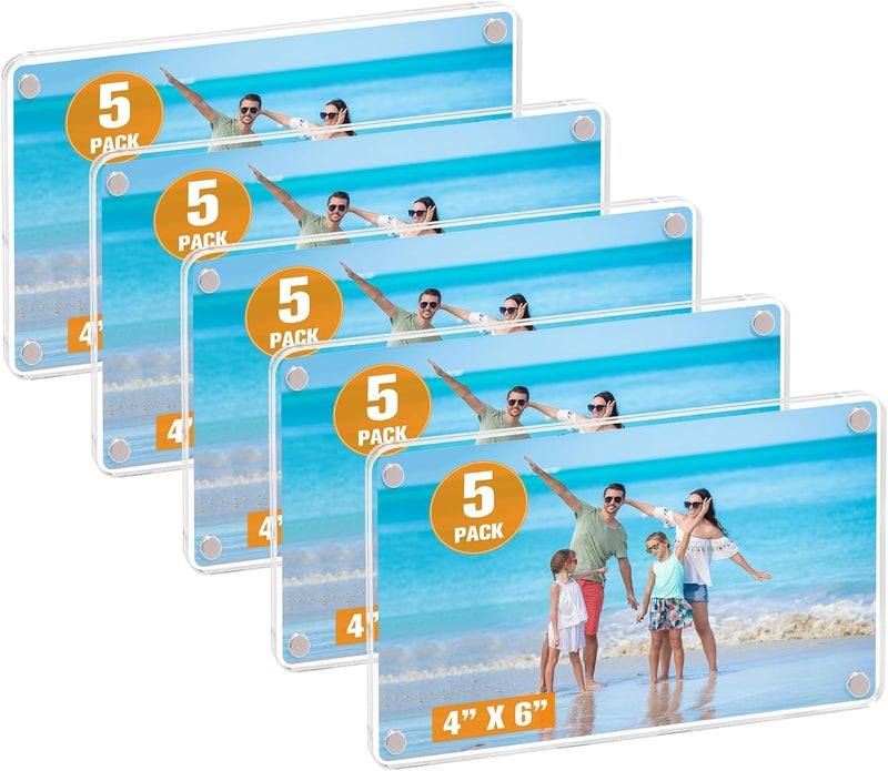 eWonLife 5-Pack Acrylic Fridge Magnet Frames, 4 x 6 Inches Picture Frame for Refrigerator, Clear Two Side Frameless Photo Display for Home Decor - Image 1