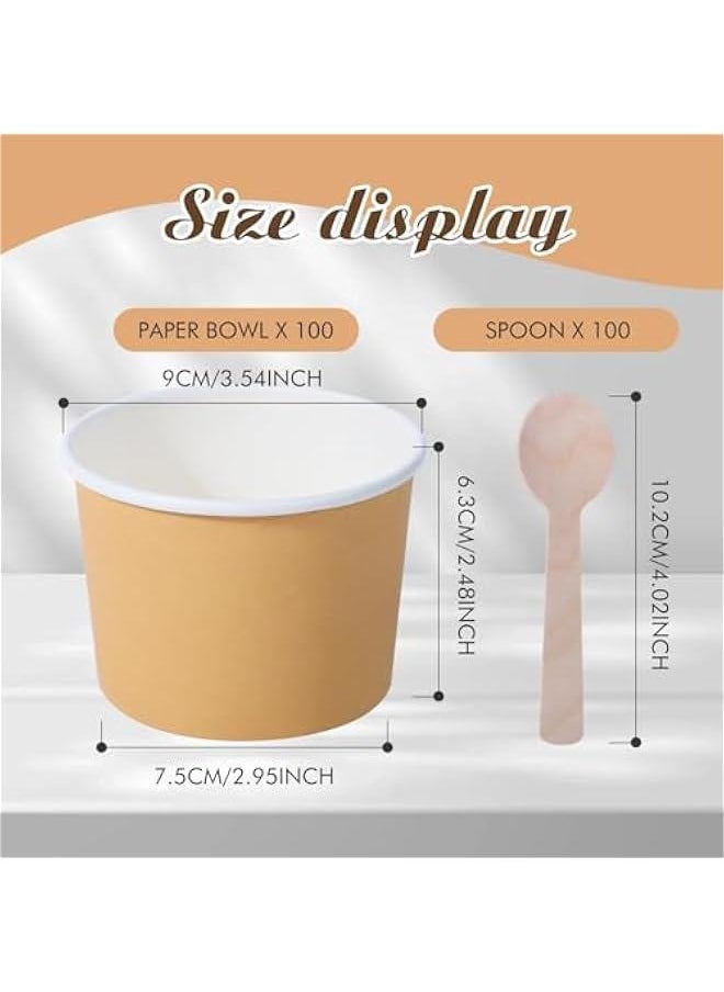 Arabest - Pack of 100 8oz Paper Ice Cream Cups with Mini Wooden Spoons for Hot and Cold Treats such as Sundae, Frozen Yogurt, and Soup. - Image 1