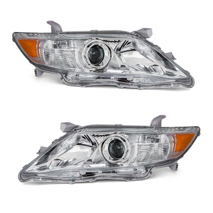 Compatible With 2010 2011 Toyota Camry Headlights Chrome Housing Amber Reflector Clear Lens Driver And Passenger Side