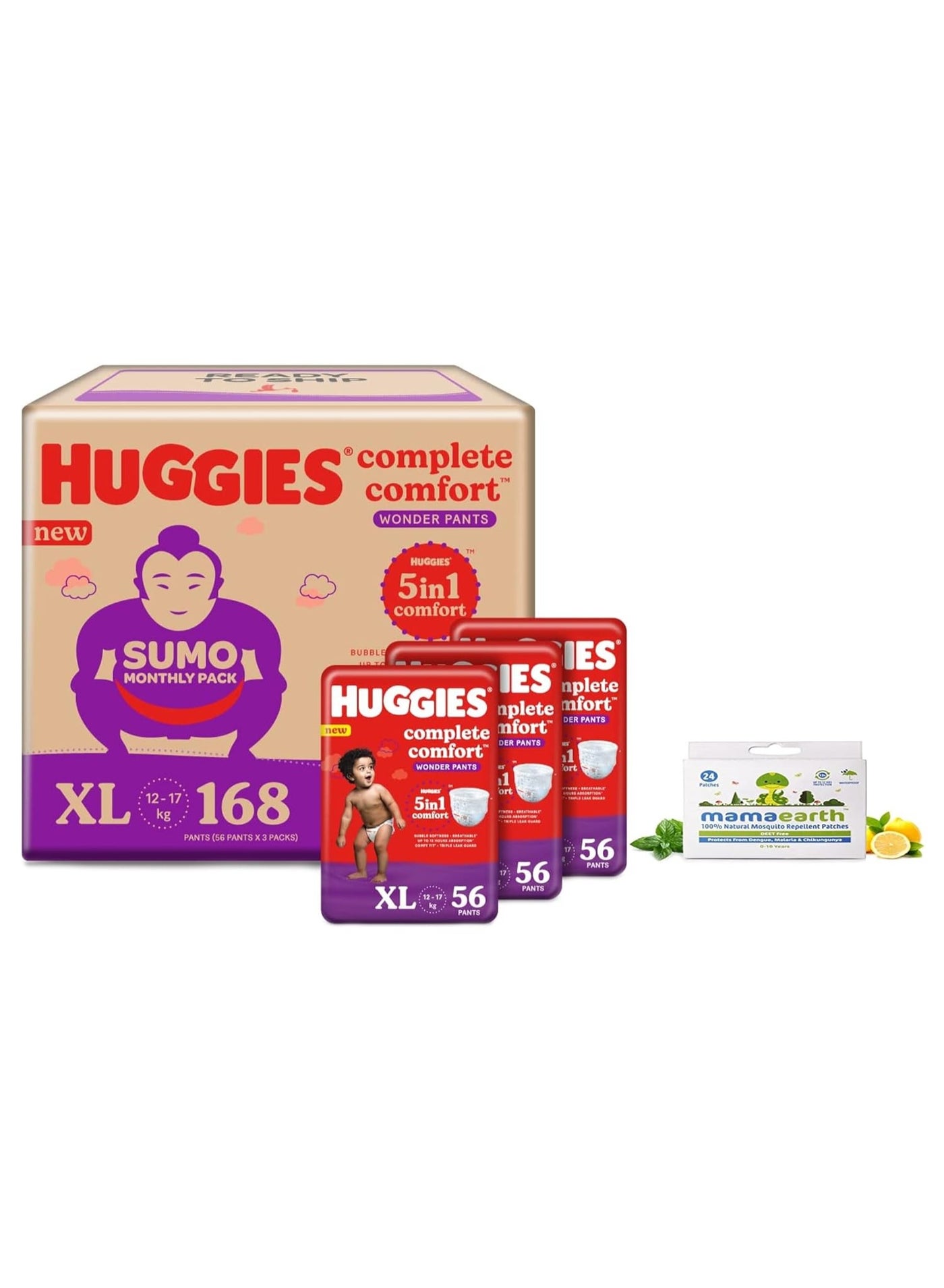 Huggies Wonder Pants Diapers Sumo Pack, Extra Large XL (56*3 Count) & Mamaearth Natural Repellent Mosquito Patches For Babies with 12 Hour Protection,White,Pack of 1