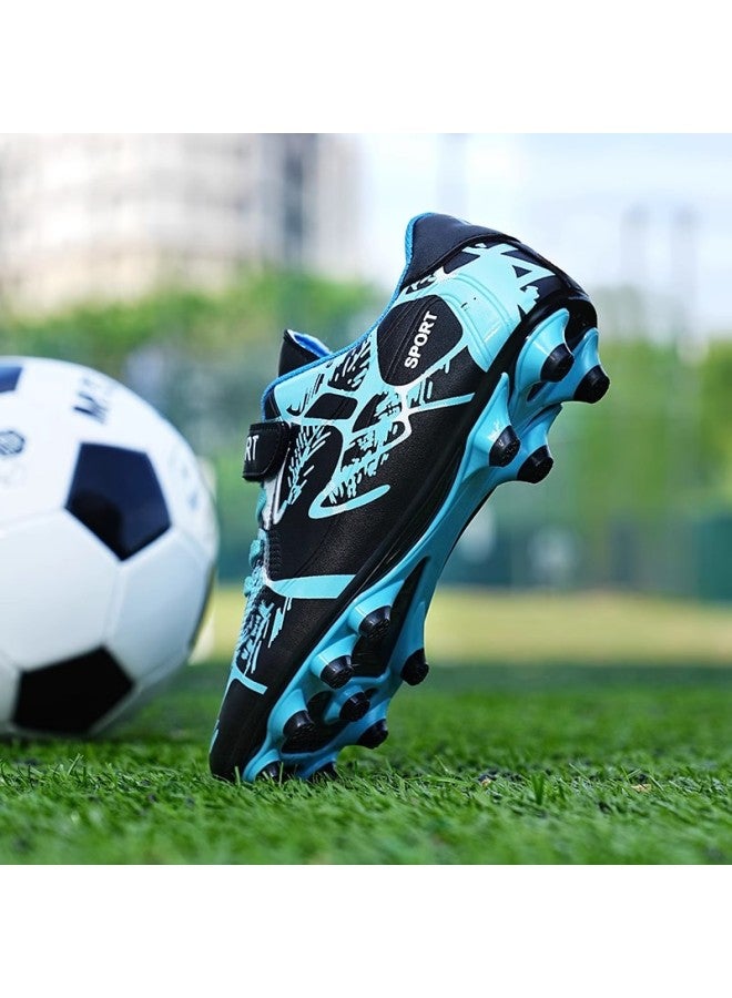 Ronaldo Assassin Boys' TF Football Shoes, Black and Blue, Velcro Closure, Long Nail Style, Children's Sports Training Sneakers