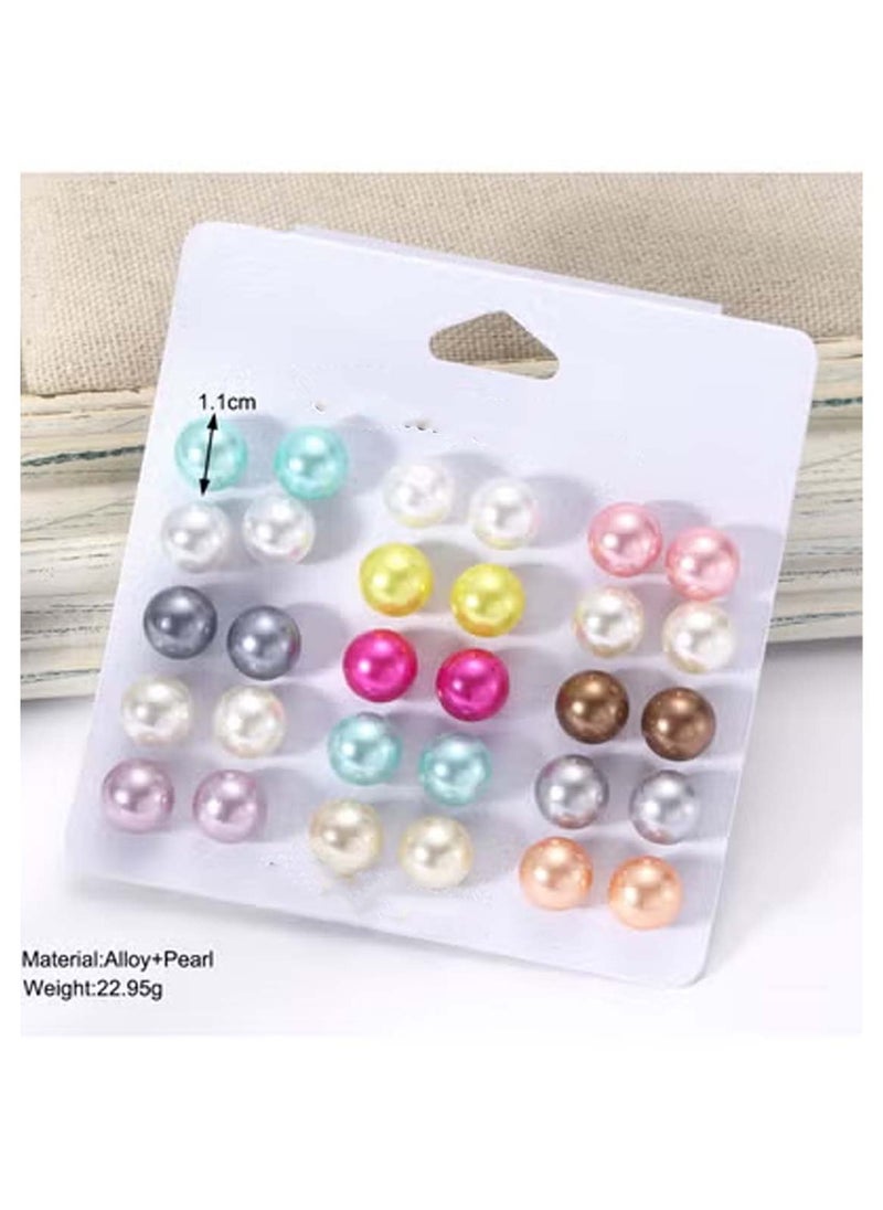 Huitich Elegant 15-Pair Multi-Colored Pearl Stud Earrings Set Classic & Versatile  - Image 3