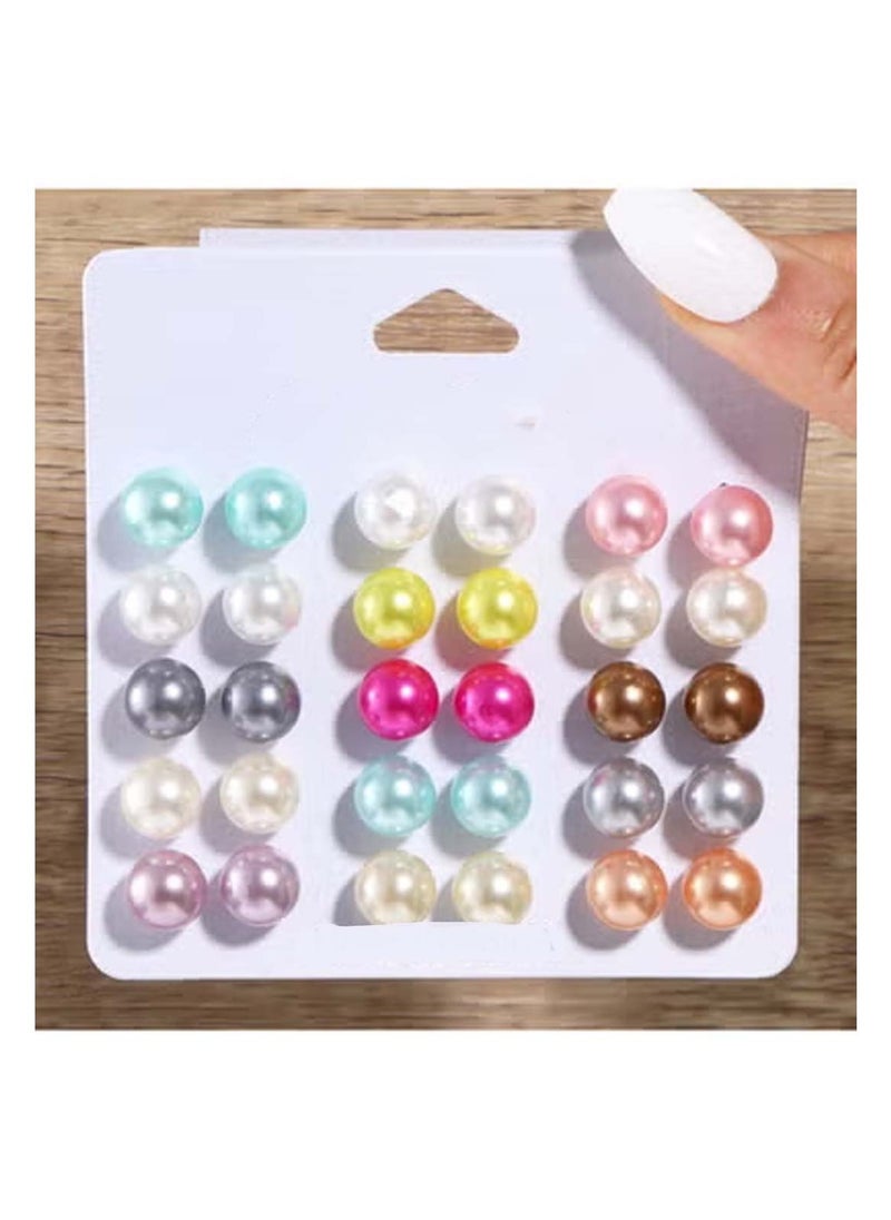 Huitich Elegant 15-Pair Multi-Colored Pearl Stud Earrings Set Classic & Versatile  - Image 4