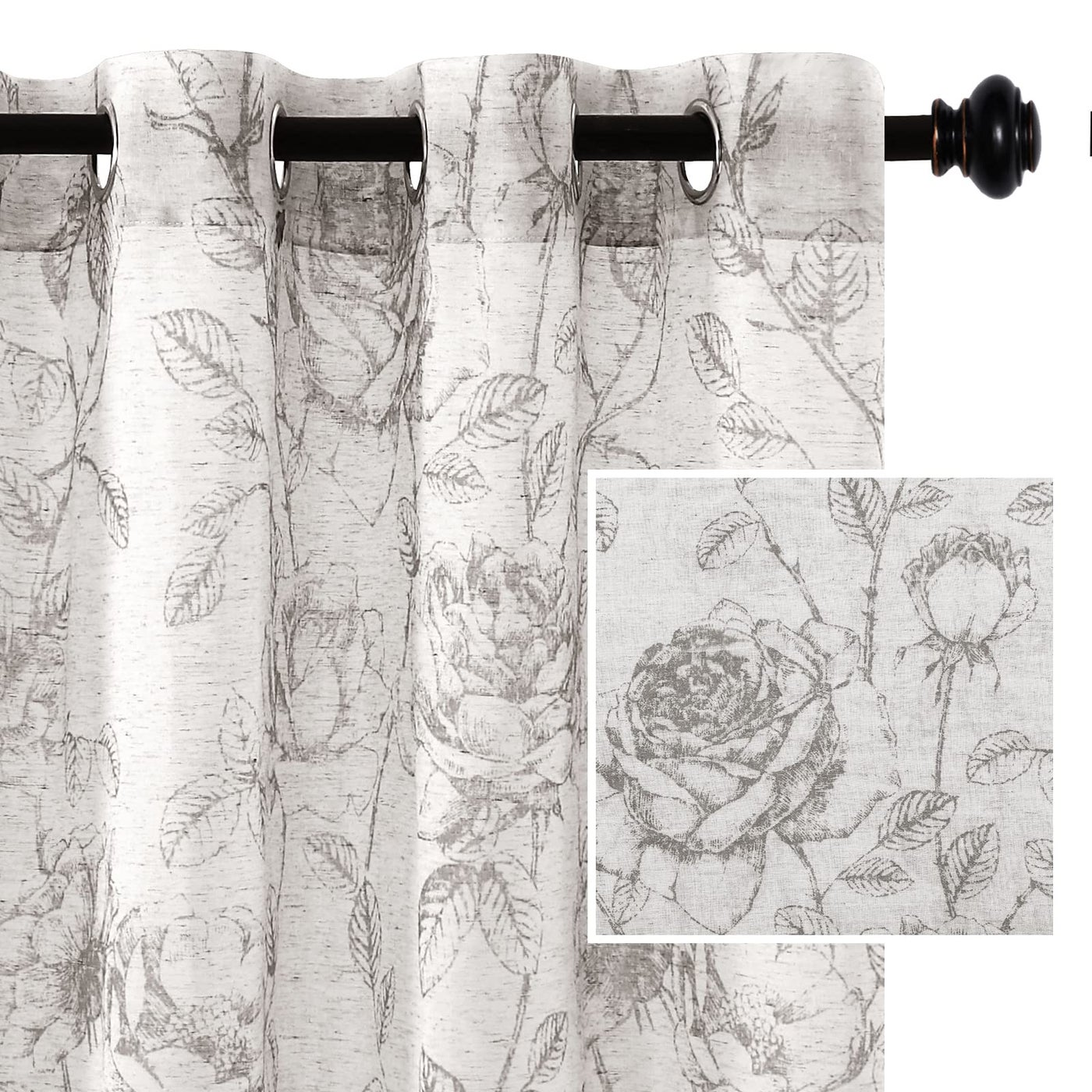 H.VERSAILTEX HVERSAILTEX Boho Floral Linen Curtains Semi Sheer Light Filtering Curtains Drapes 84 Inch Length 2 Panels Set Grommet Top Farmhouse Vintage Curtain Print Pattern Treatments for Bedroom Gr