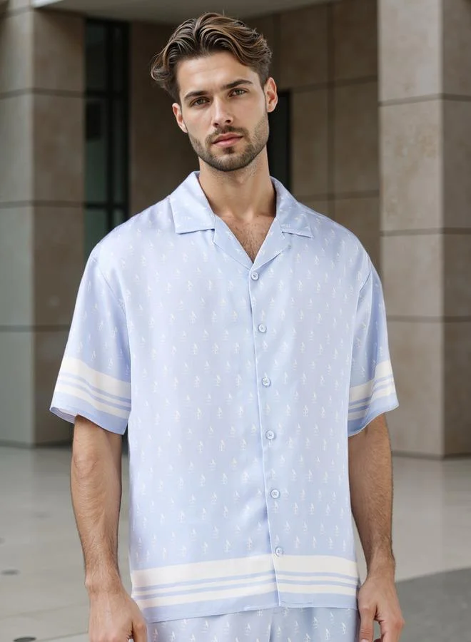 Emperor Emperor Regular Fit Printed Shirt with Camp Collar and Short Sleeves