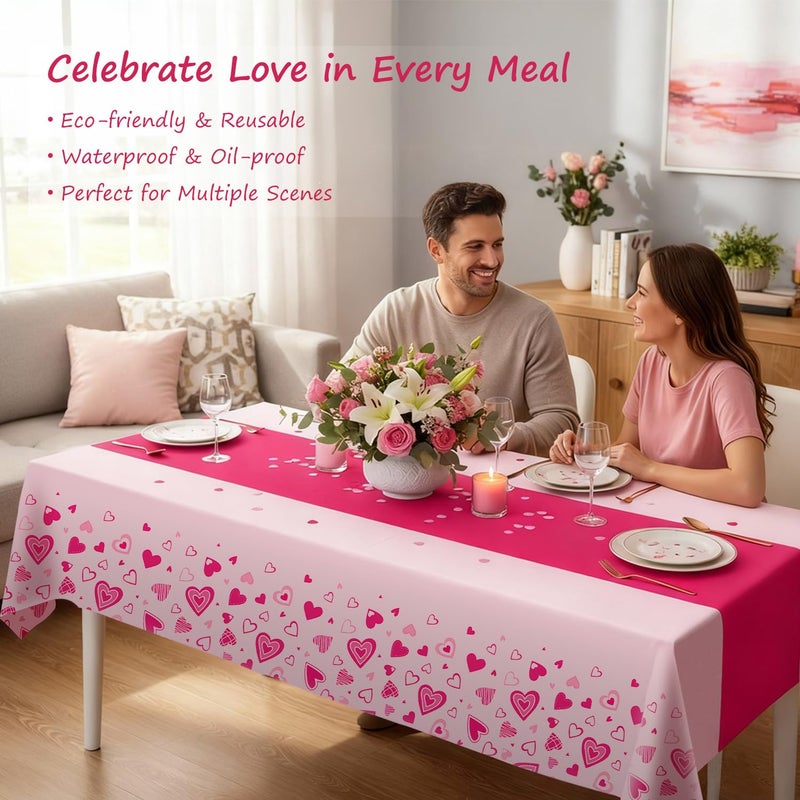 Actilize Valentine's Day Tablecloth 3-Pack, 54x108 Inch Disposable Plastic Table Covers, Pink Heart Themed Decor for Romantic Party, Galentineâ€˜s Day and Valentine's Day Table Decorations - Image 4