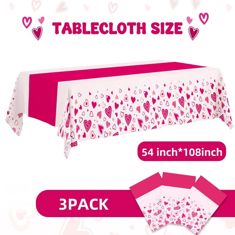 Actilize Valentine's Day Tablecloth 3-Pack, 54x108 Inch Disposable Plastic Table Covers, Pink Heart Themed Decor for Romantic Party, Galentineâ€˜s Day and Valentine's Day Table Decorations - Image 3