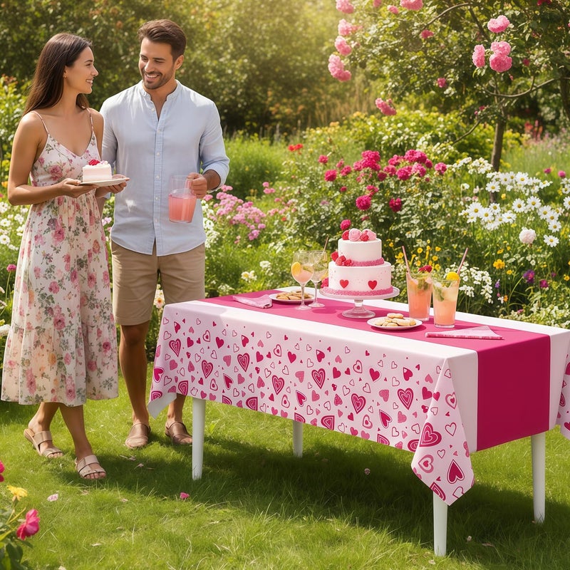 Actilize Valentine's Day Tablecloth 3-Pack, 54x108 Inch Disposable Plastic Table Covers, Pink Heart Themed Decor for Romantic Party, Galentineâ€˜s Day and Valentine's Day Table Decorations - Image 5