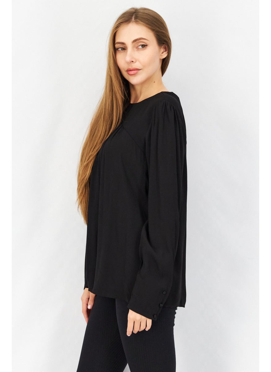 ESPRIT Women Round Neck Long Sleeve Plain Pleated Top, Black  - Image 4