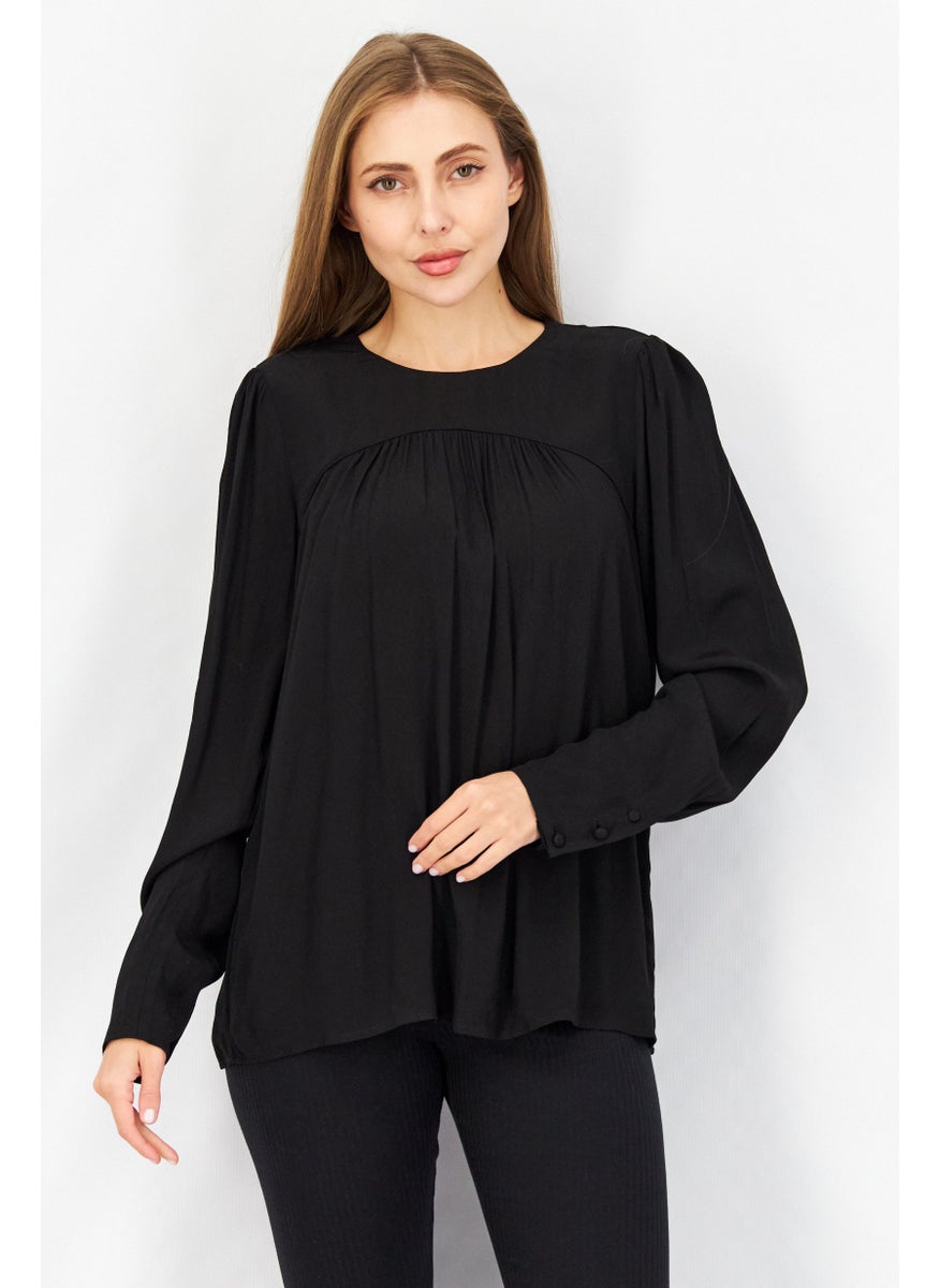 ESPRIT Women Round Neck Long Sleeve Plain Pleated Top, Black  - Image 1