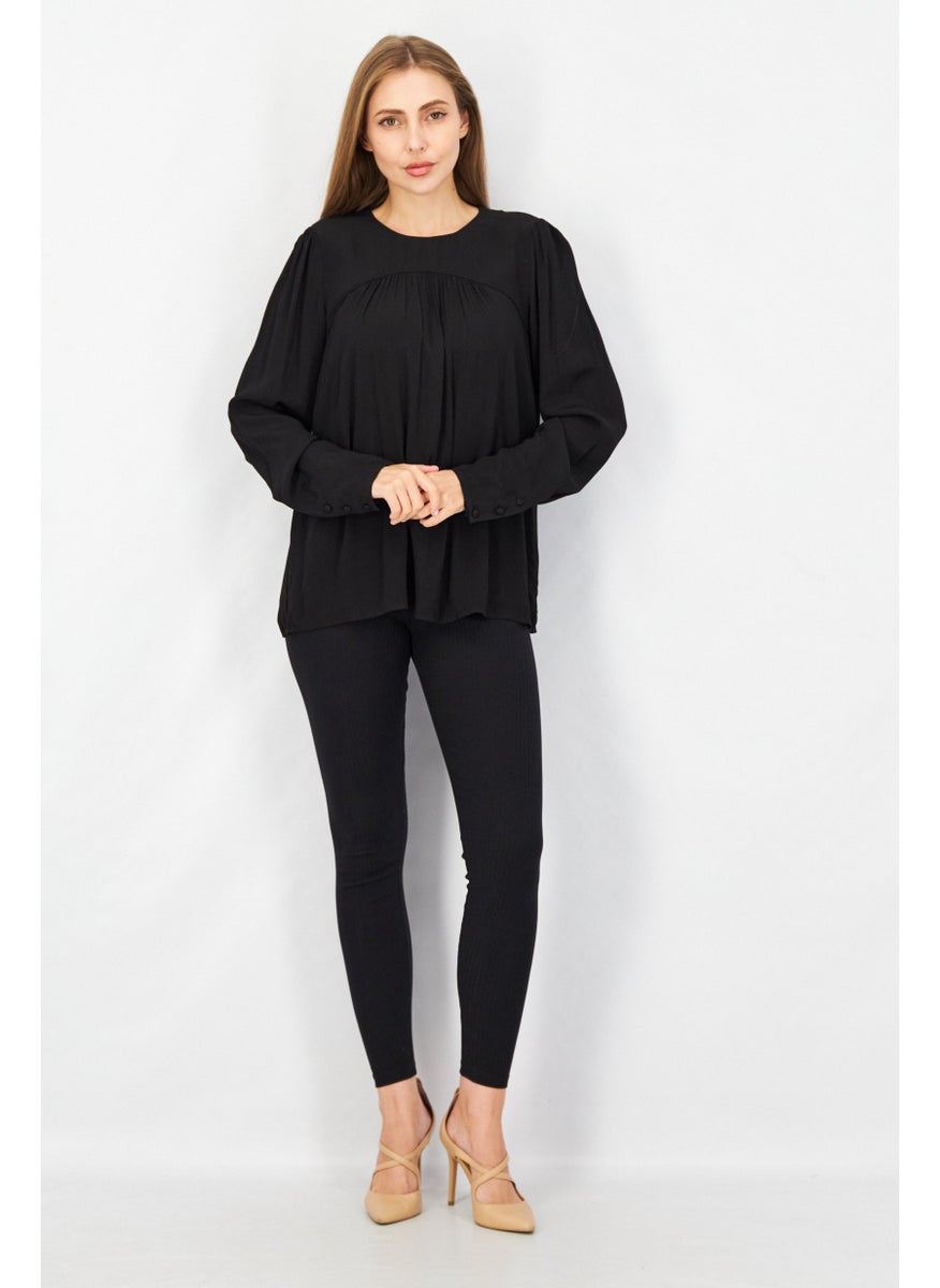 ESPRIT Women Round Neck Long Sleeve Plain Pleated Top, Black  - Image 3