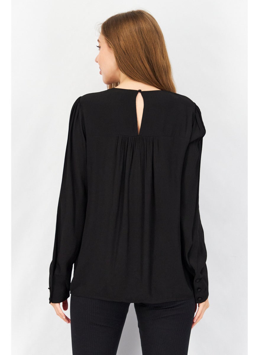 ESPRIT Women Round Neck Long Sleeve Plain Pleated Top, Black  - Image 2