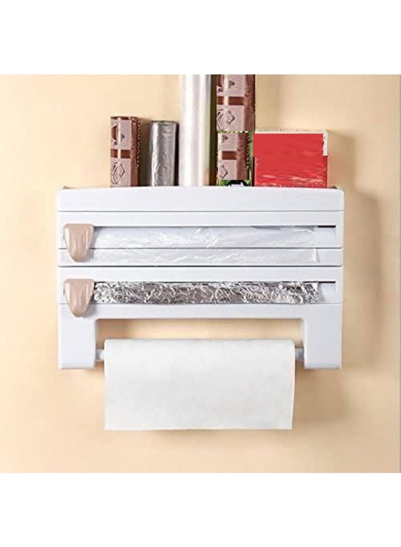 موزع تغليف بلاستيكي 4 في 1 مثبت على الحائط يشمل قطاعة، لفائف مطبخ، وحامل صوص لتسهيل التحضير والتنظيم. - Image 1